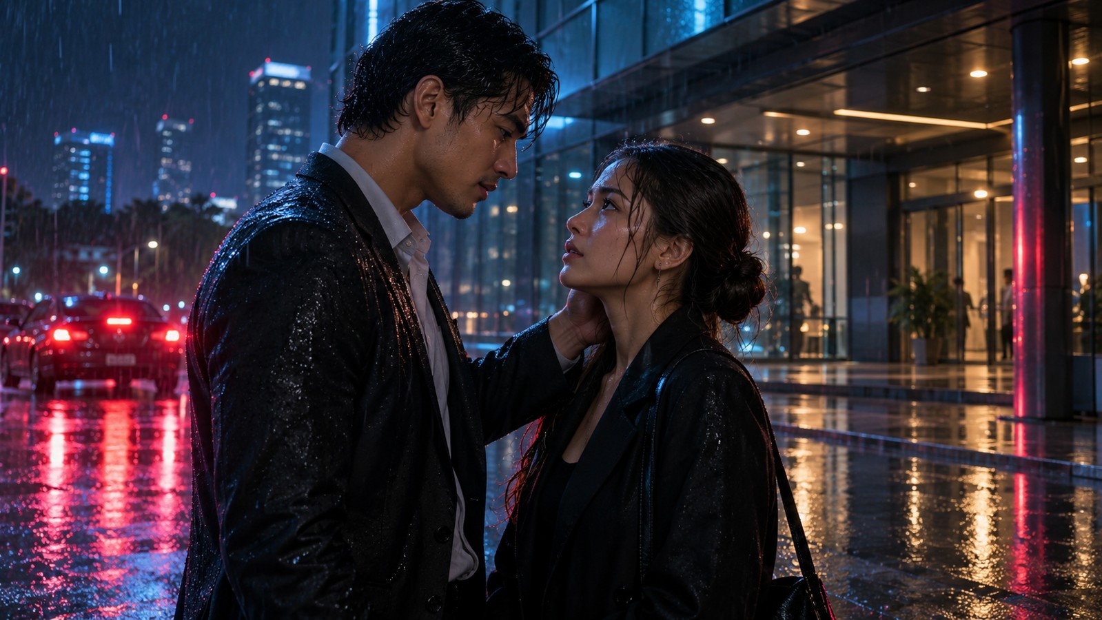 AI drama concept of two adults outside an office on a rainy night