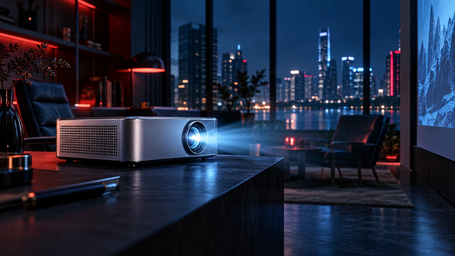 A silver projector in a cinematic, blue-lit office